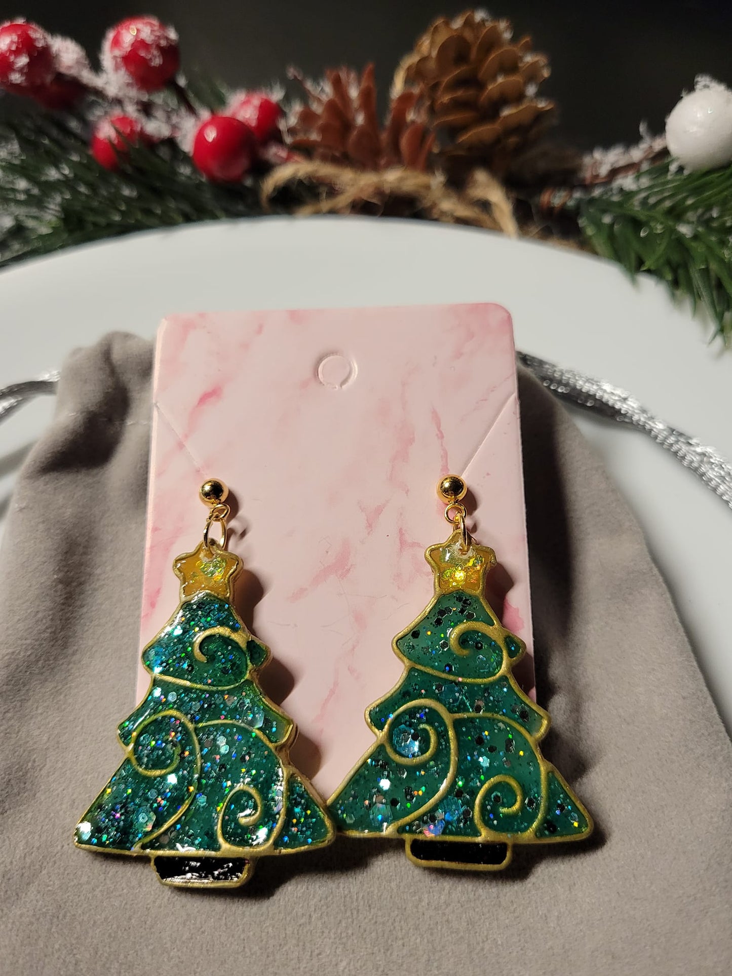 Stained Glass Shimmering Christmas Tree Earrings