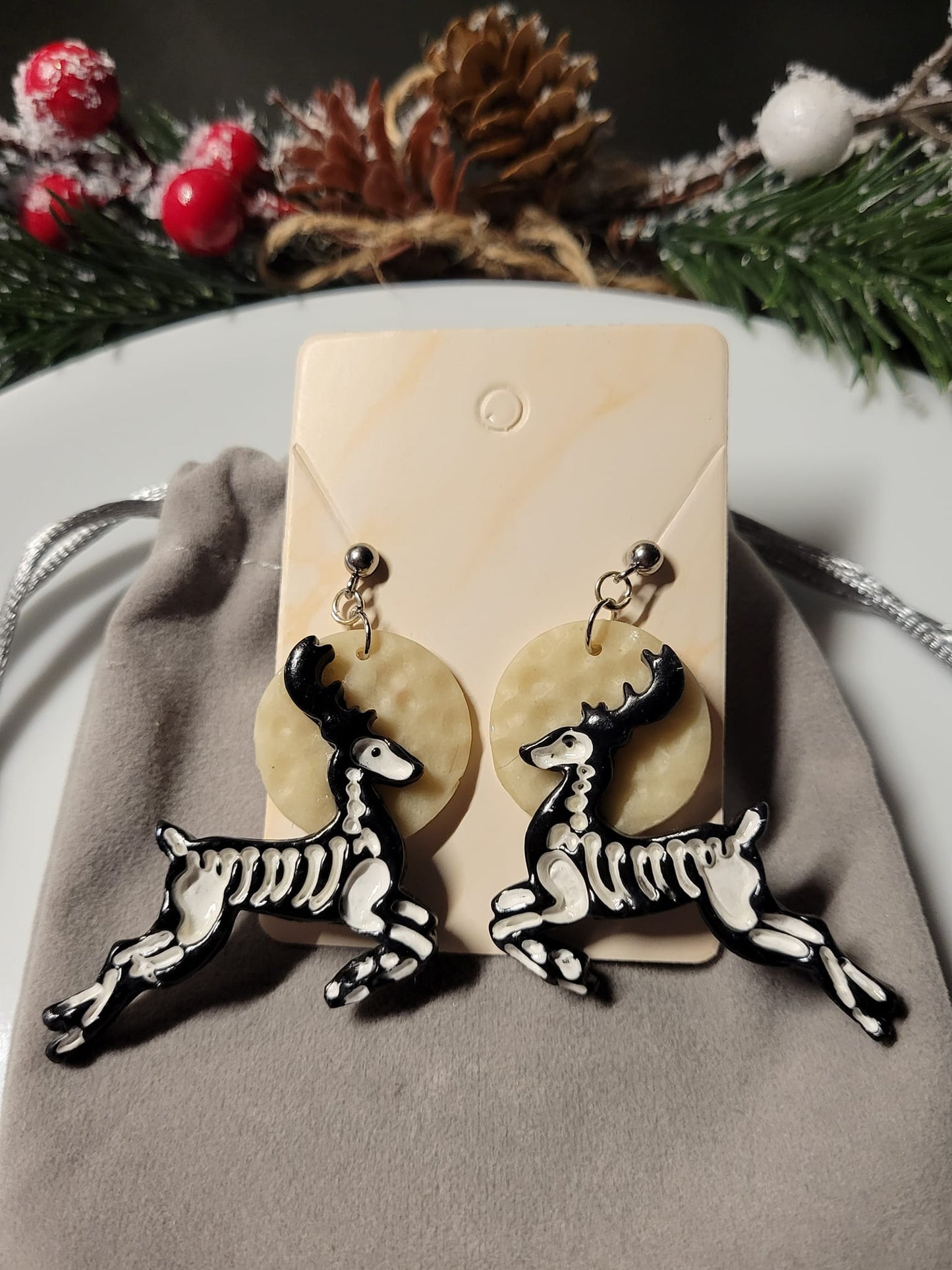 Creepmas Undead Reindeer Moon Christmas Earrings