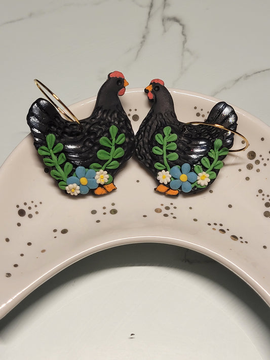 Floral Black Chicken Earrings