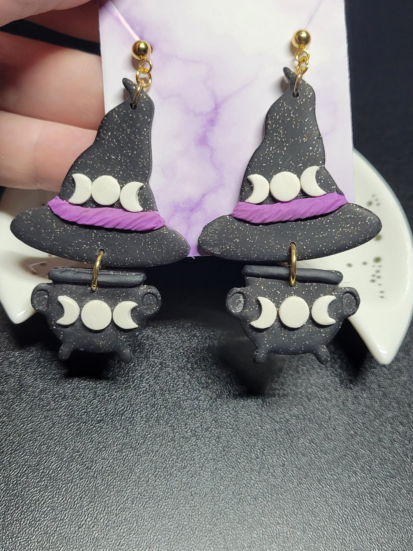 Triple Moon Witchy Hat and Cauldron Earrings