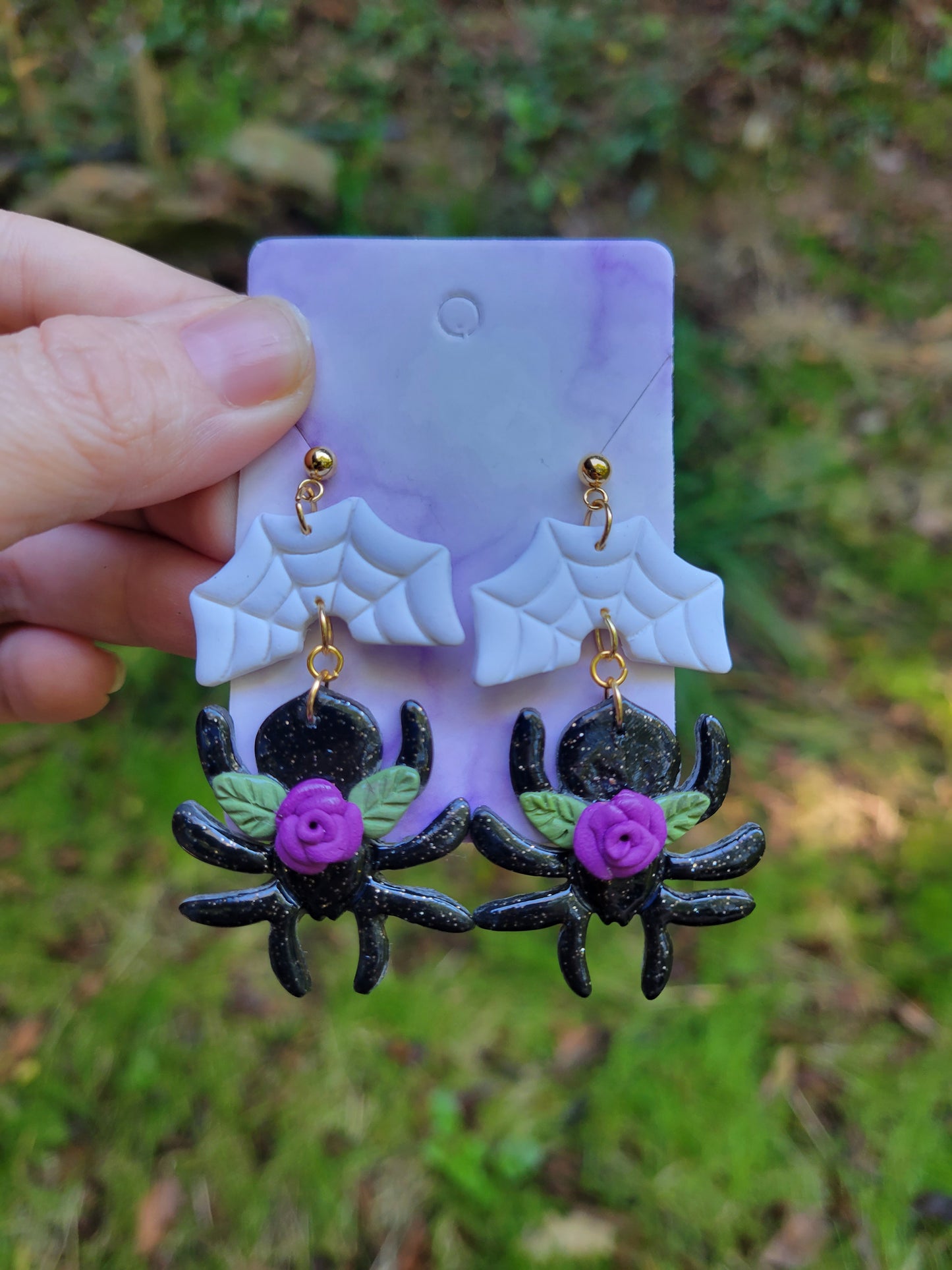 Spider and Web Halloween Floral Earrings