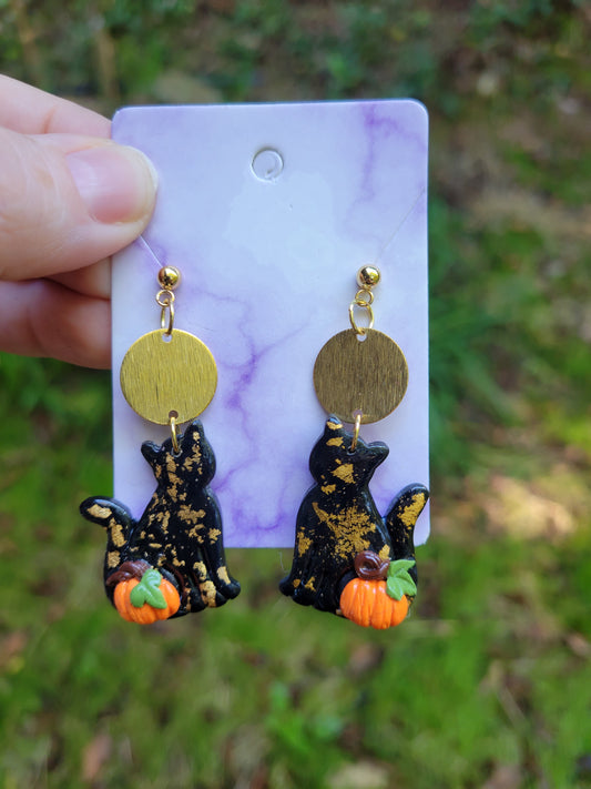 Black Cat Pumpkin Halloween Earrings Gold Accent