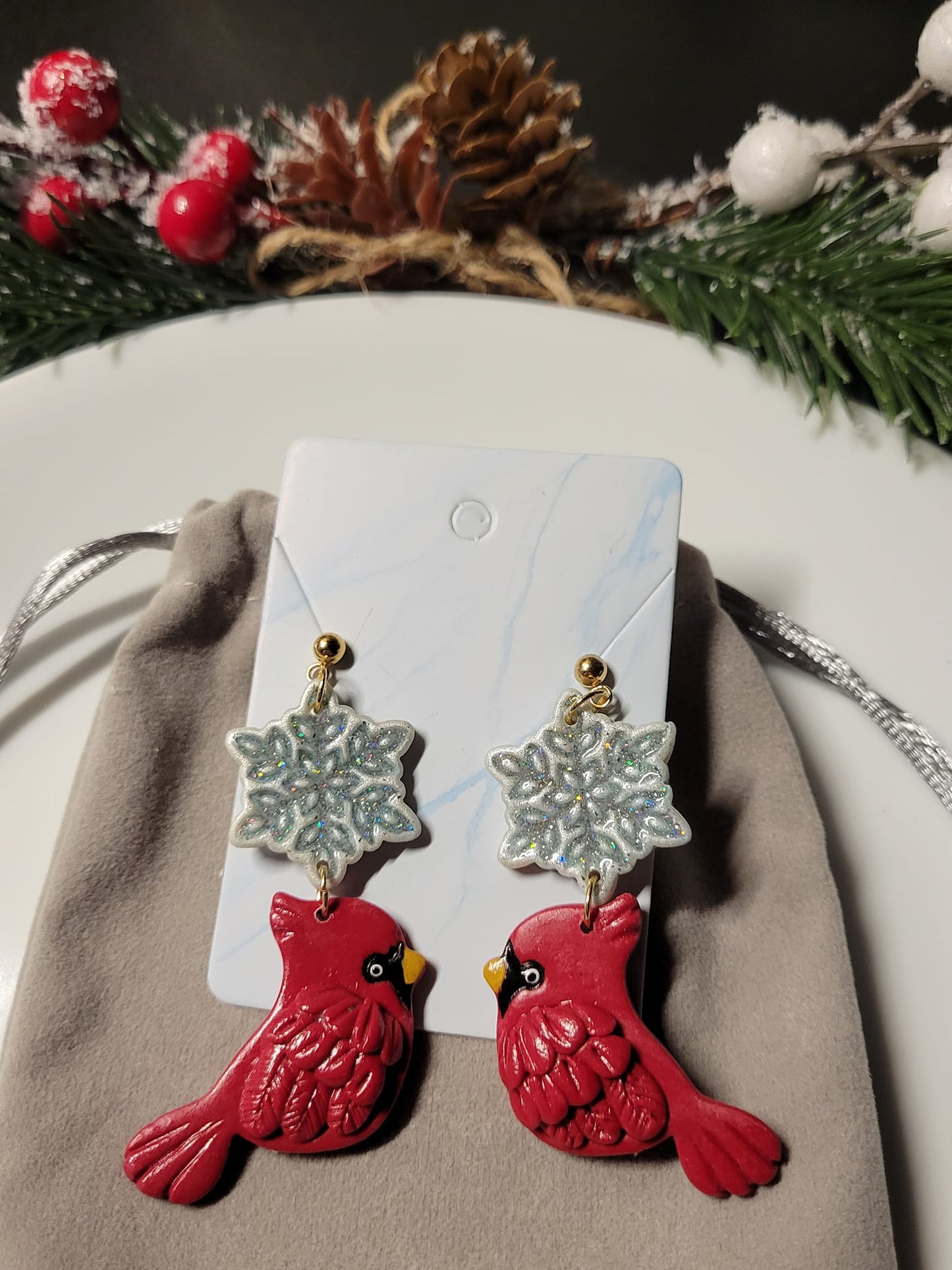 Cardinal And Snowflakes Christmas Earrings