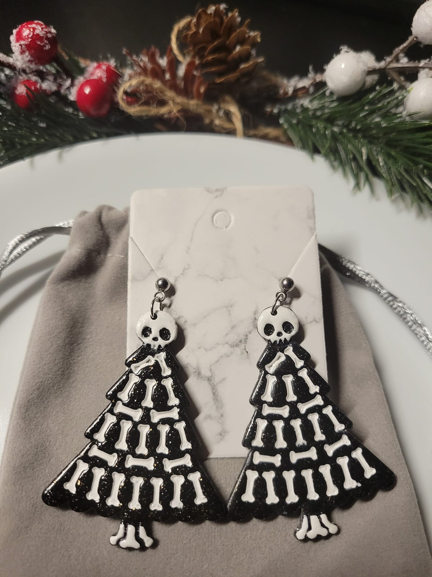 Creepmas Skull and Bones Christmas Tree Earrings