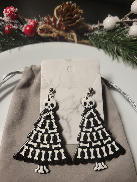 Creepmas Skull and Bones Christmas Tree Earrings
