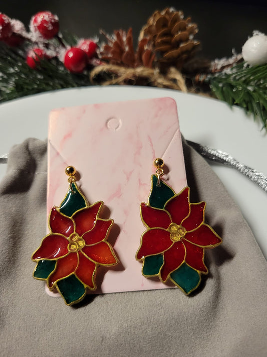 Stained Glass Poinsettia Christmas Earrings